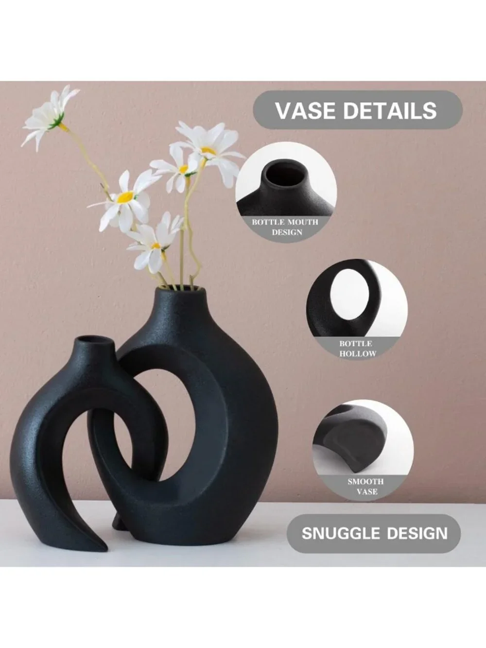 Stylish Black Ceramic Hollow Vases Set of 2 | Modern Home Decor Accent